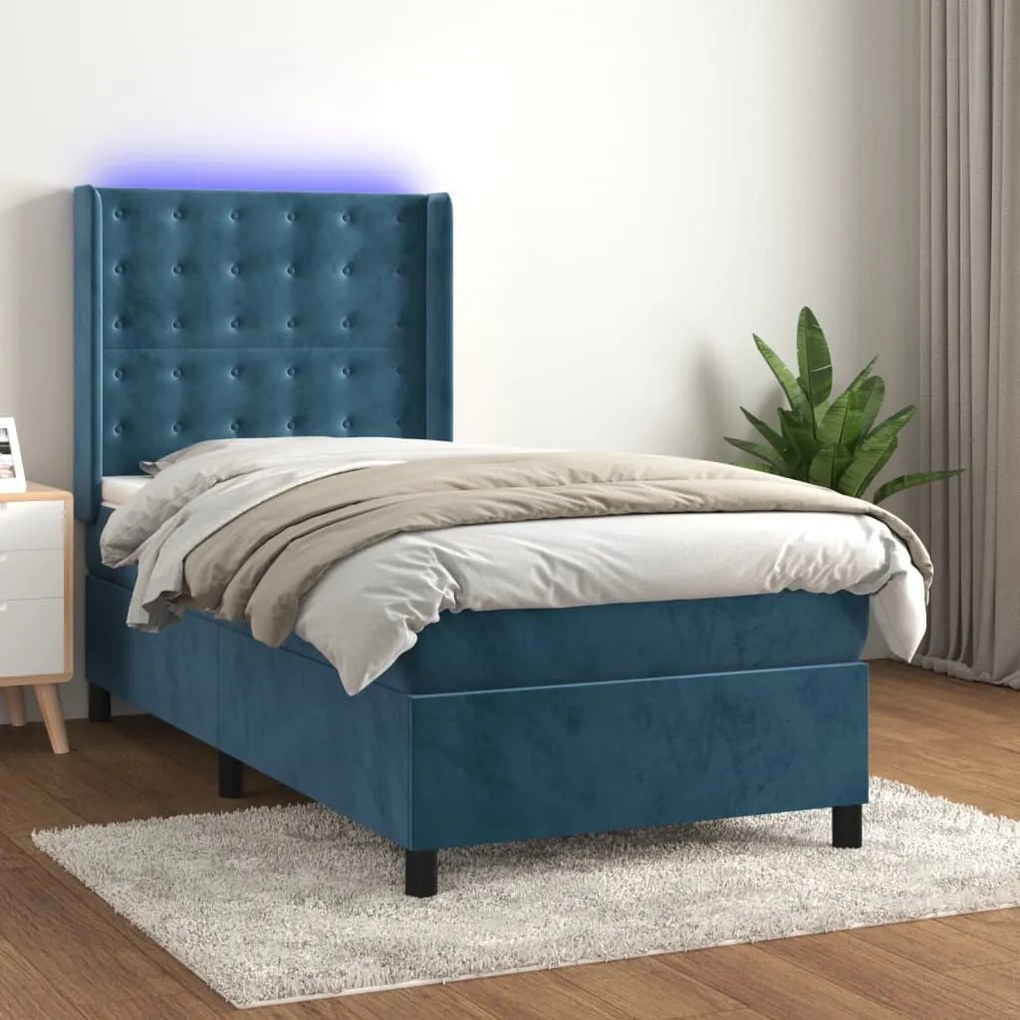 Letto A Molle Con Materasso E Led Blu Scuro 90x200cm İn Velluto /
