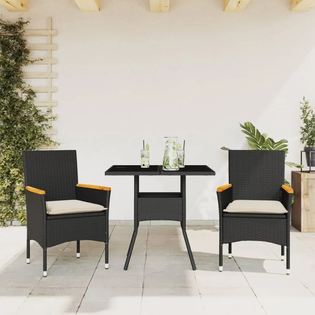 Set Da Pranzo Da Giardino 3 Pz Con Cuscini Polyrattan E Vetro /