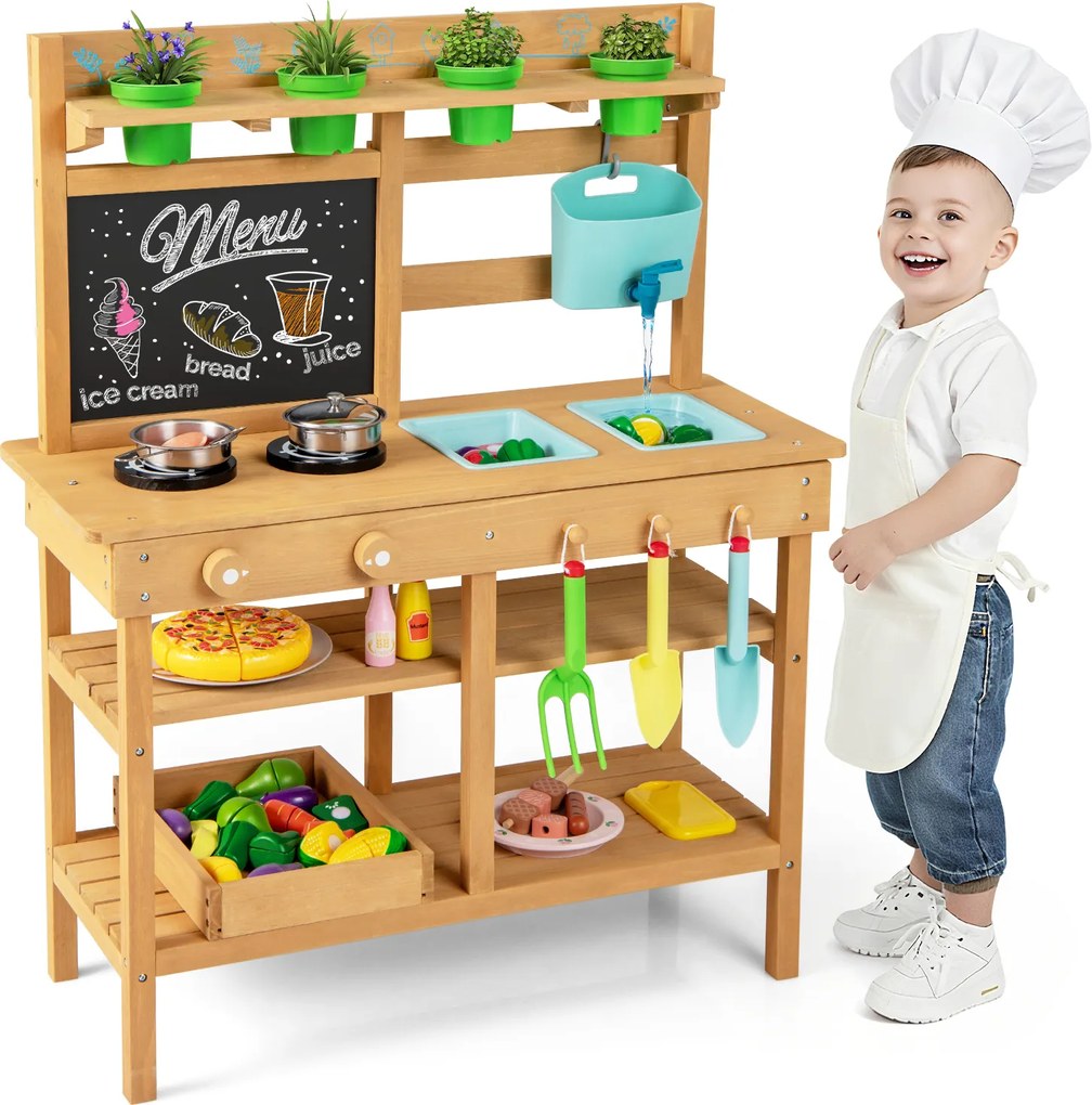 Costway Cucina in legno per bambini con rubinetto lavandini rimovibili lavagna fornelli, Cucina da gioco all'aperto manopole vasi fiori accessori 3+ anni
