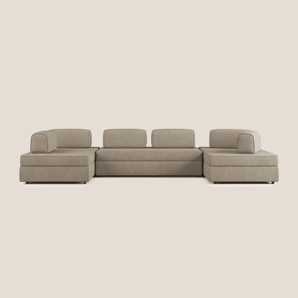 Liberty divano panoramico con pouf estraibile e schienali movibili in tessuto morbido impermeabile T02 beige