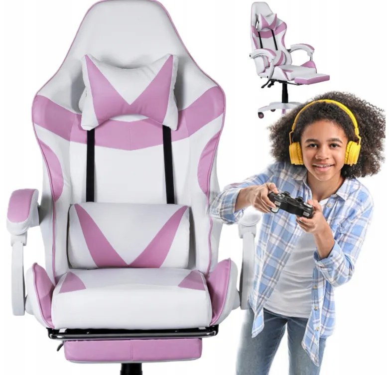 Sedia da gioco ergonomica CLASSIC bianca e rosa con poggiapiedi