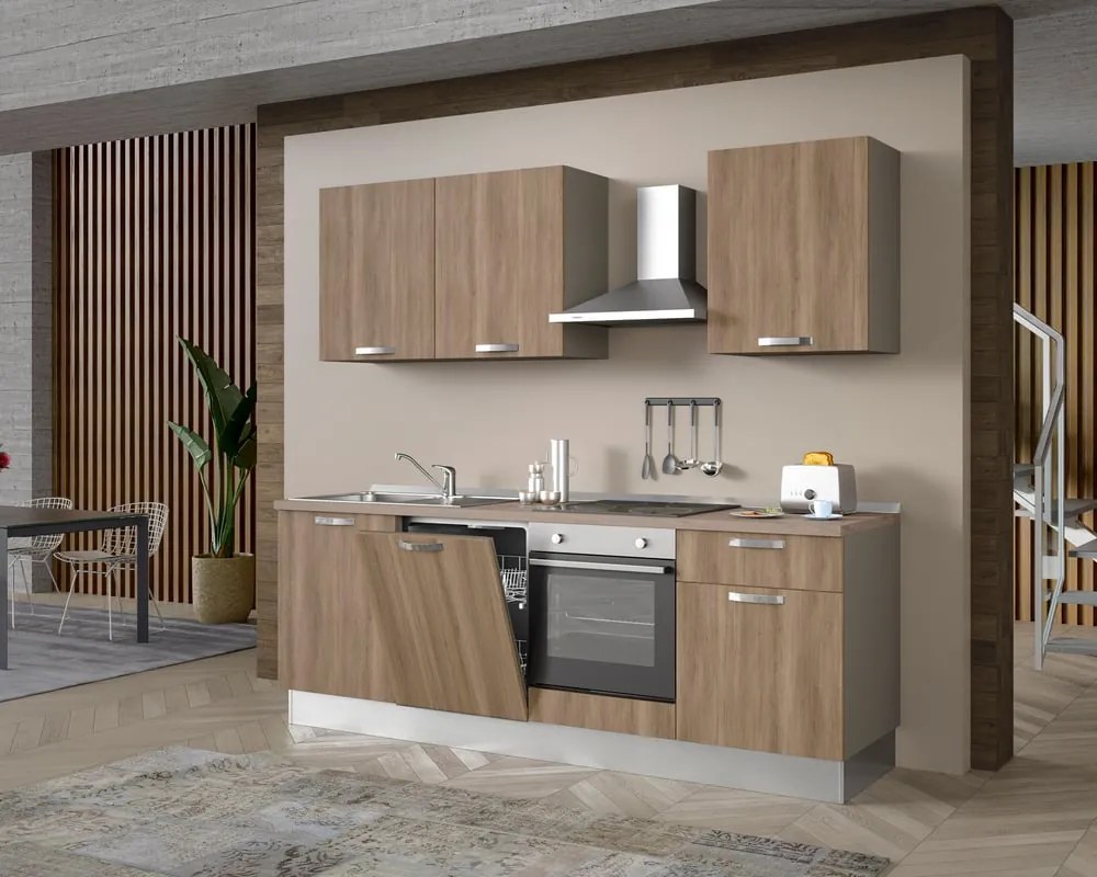 Cucina montata Dora rovere chiaro, lavello a sinistra, L 240 cm, completa di: cappa a camino, piano cottura a induzione, forno,  lavastoviglie