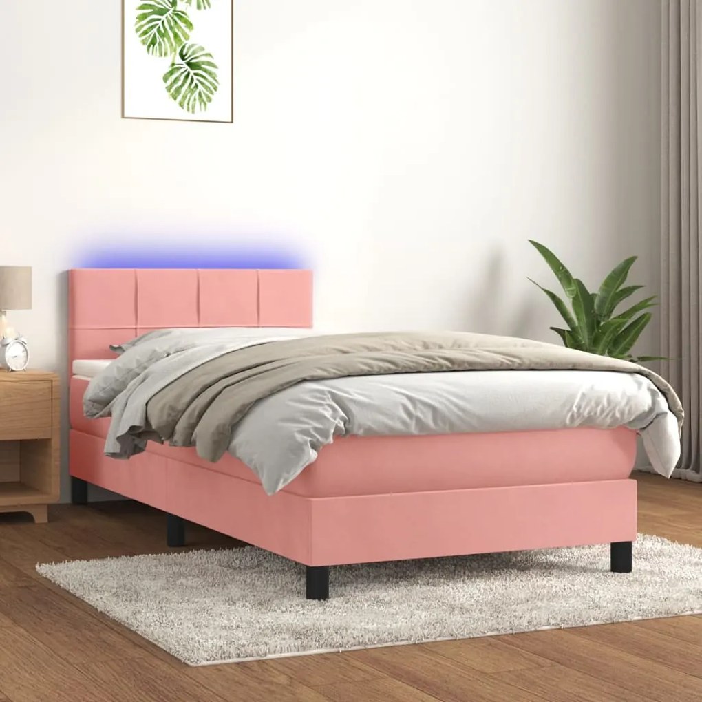 Letto a molle con materasso e led rosa 80x200 cm in velluto