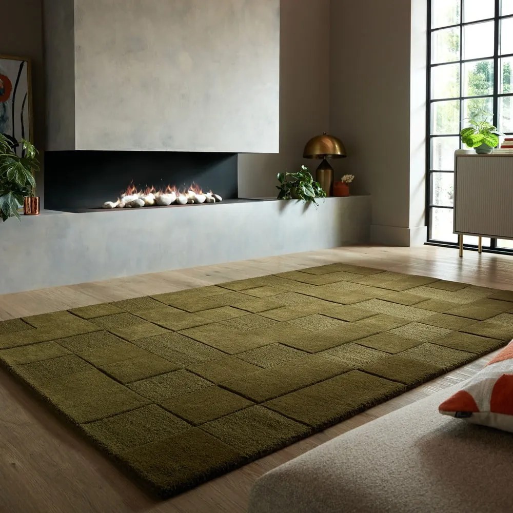 Tappeto in lana kaki tessuto a mano 200x290 cm Checkerboard - Flair Rugs