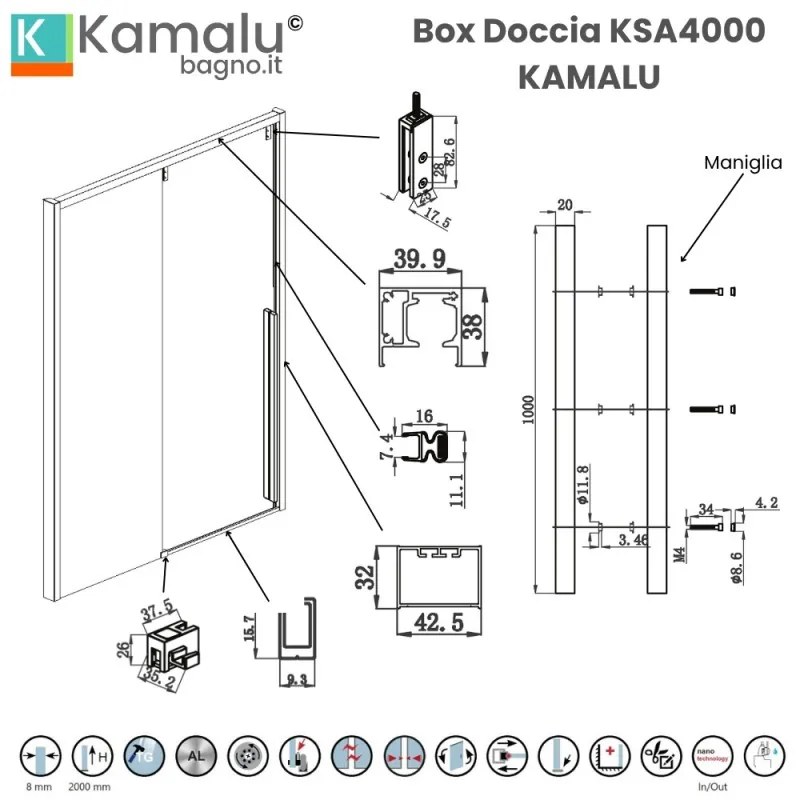 Kamalu - Doccia nicchia 150cm finitura acciaio spazzolato | KSA4000AS