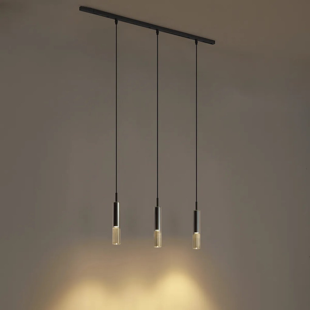 Sistema di illuminazione a binario moderno nero con 3 lampade a sospensione nere con vetro fumé 1 fase - Slimline Loyce