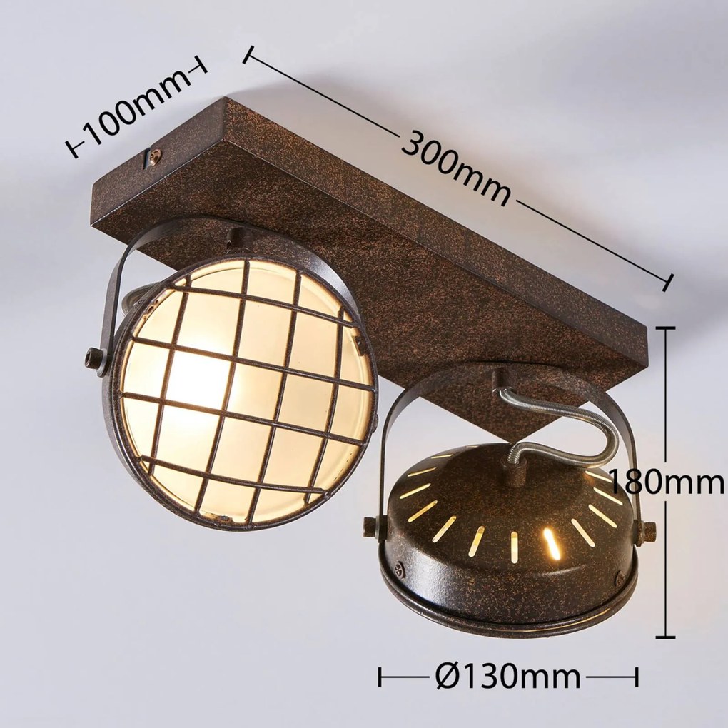 Lindby fatto Tamin, color ruggine, a 2 luci, vetro, G9 Tamin Lindby, dimmerabile, Marrone / Ruggine, Soggiorno / Sala da pranzo, Metallo, Industriale, Faretto