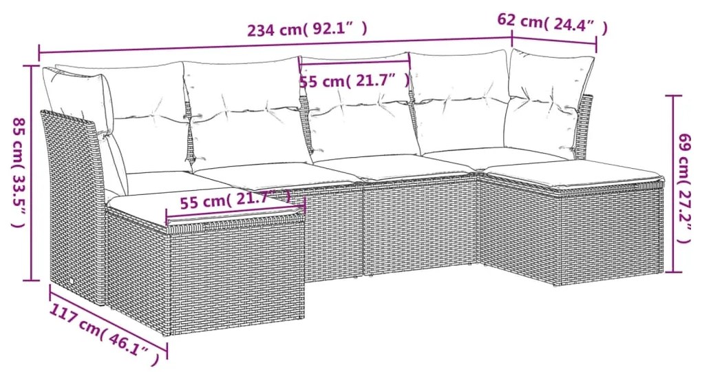 Set divano da giardino 6 pz con cuscini nero in polyrattan