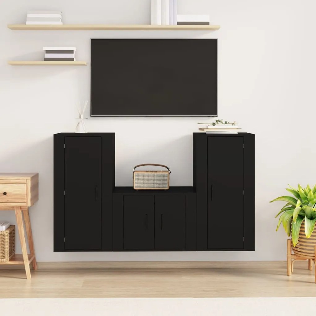 Set Mobili Porta Tv 3 Pz Nero İn Legno Multistrato /