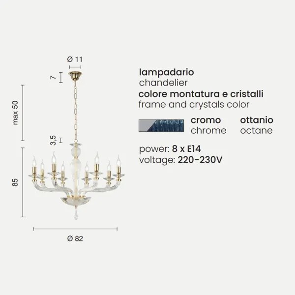 Lampadario a sospensione D82 cm VILLA a 8 luci in vetro lavorato a mano OTTANIO