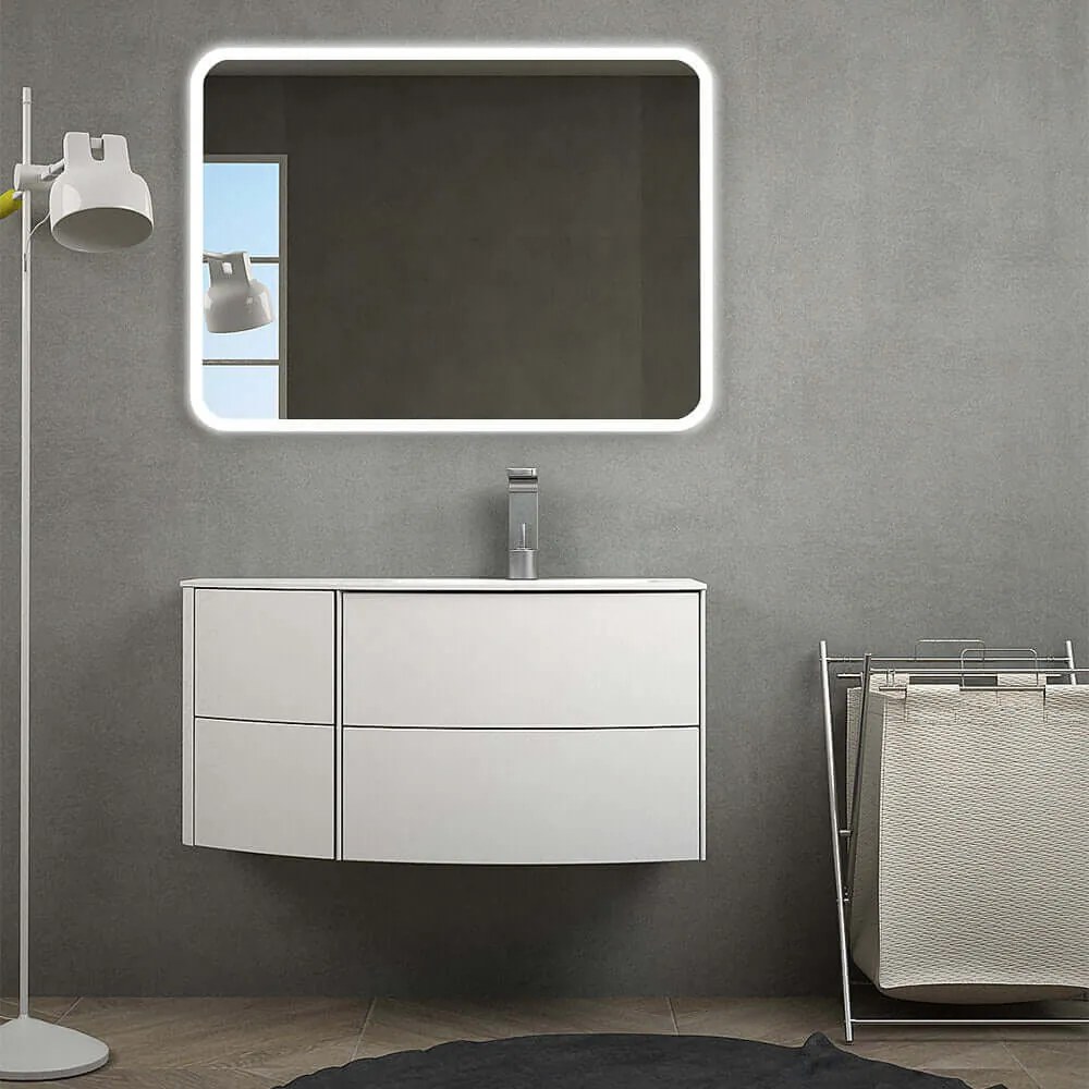 Mobile bagno Rio 90 Bianco opaco sospeso asimmetrico design curvo con lavabo a destra