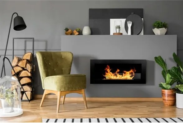 Camino a bioetanolo da parete o incasso Livorno Nero L 90 x P 12 x H 40 con vetro