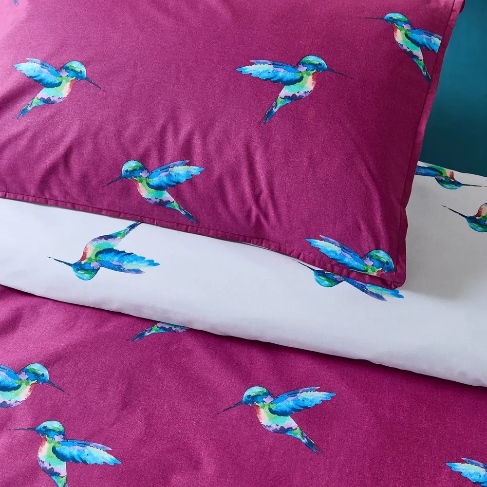 Set copripiumino e federa bianco e viola in cotone per letto matrimoniale 200x200 cm Hummingbird – Their Nibs