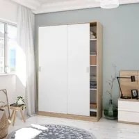 Guardaroba Waterbury, Armadio per camera da letto a 2 ante scorrvoli, Mobile con 3 ripiani e barra appendiabiti, cm 120x50h200, Rovere e Bianco