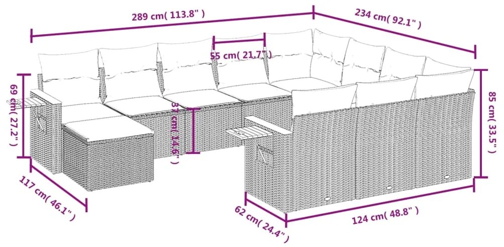 Set divani da giardino 11 pz con cuscini beige in polyrattan