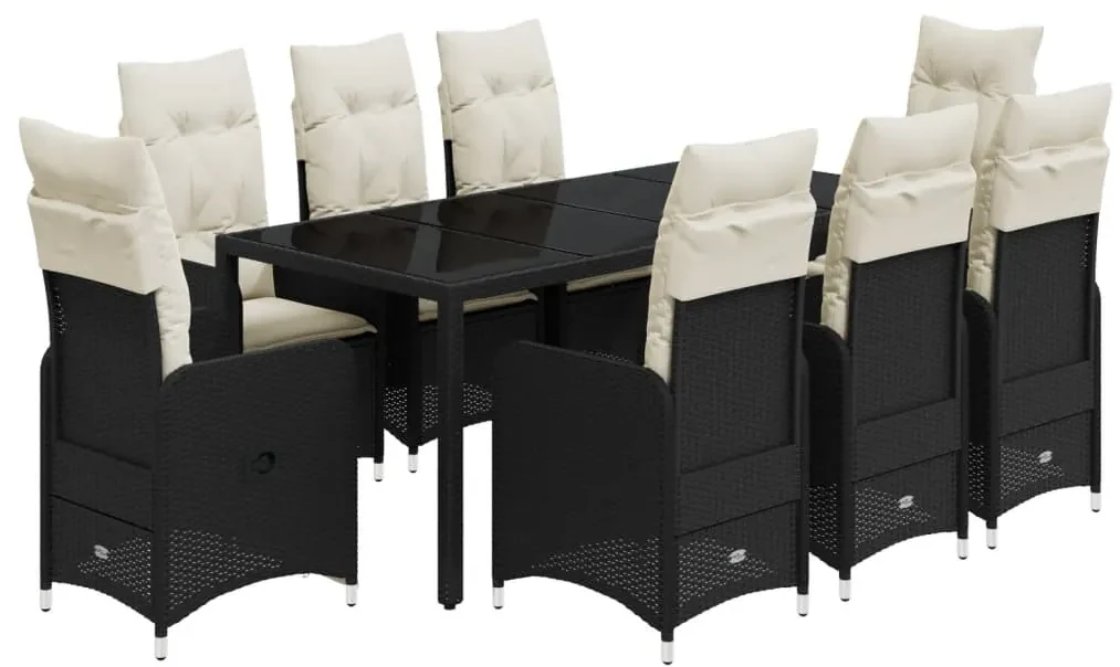 Set bistrò da giardino 9 pz con cuscini in polyrattan nero