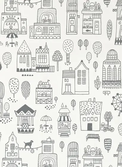 Majvillan Carta da parati Small Town - Soft Black/ Cream White