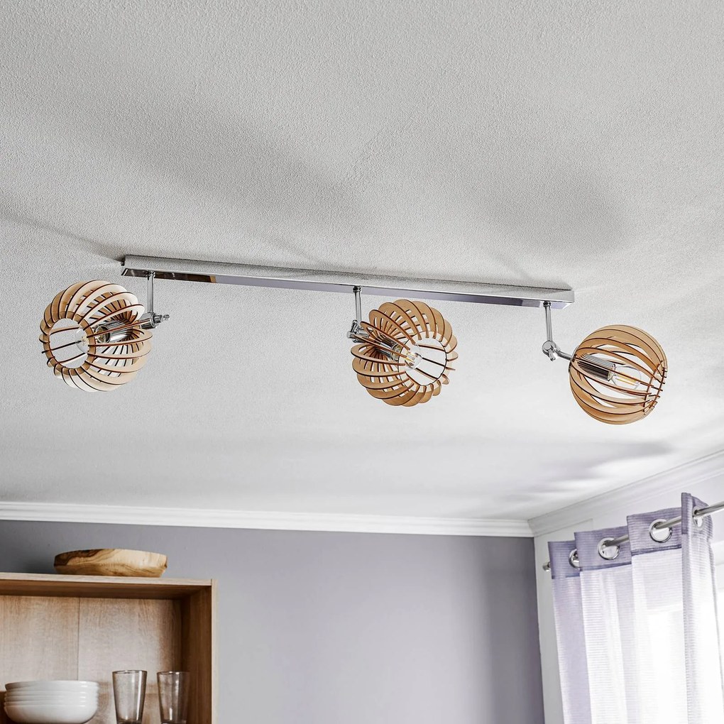 Argon Plafoniere Paz sfere con lamelle in legno cromate, a 3 luci.