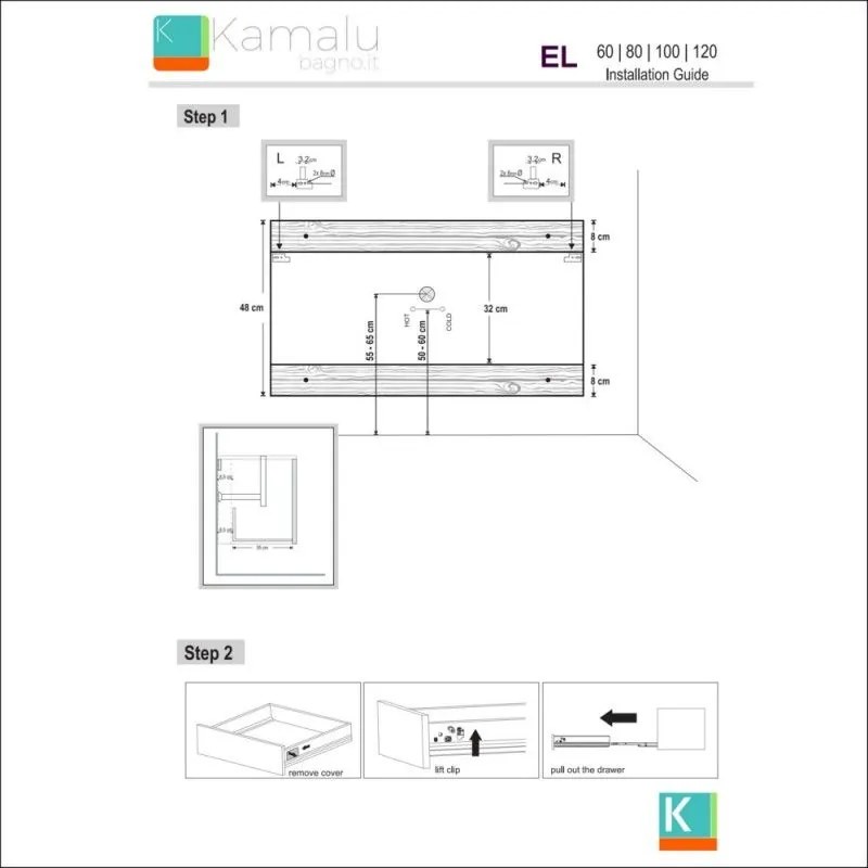 Kamalu - mobile bagno sospeso 160cm cannettato piano bianco kds-160p