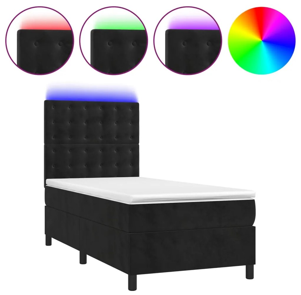 Letto a molle con materasso e led nero 90x190 cm in velluto