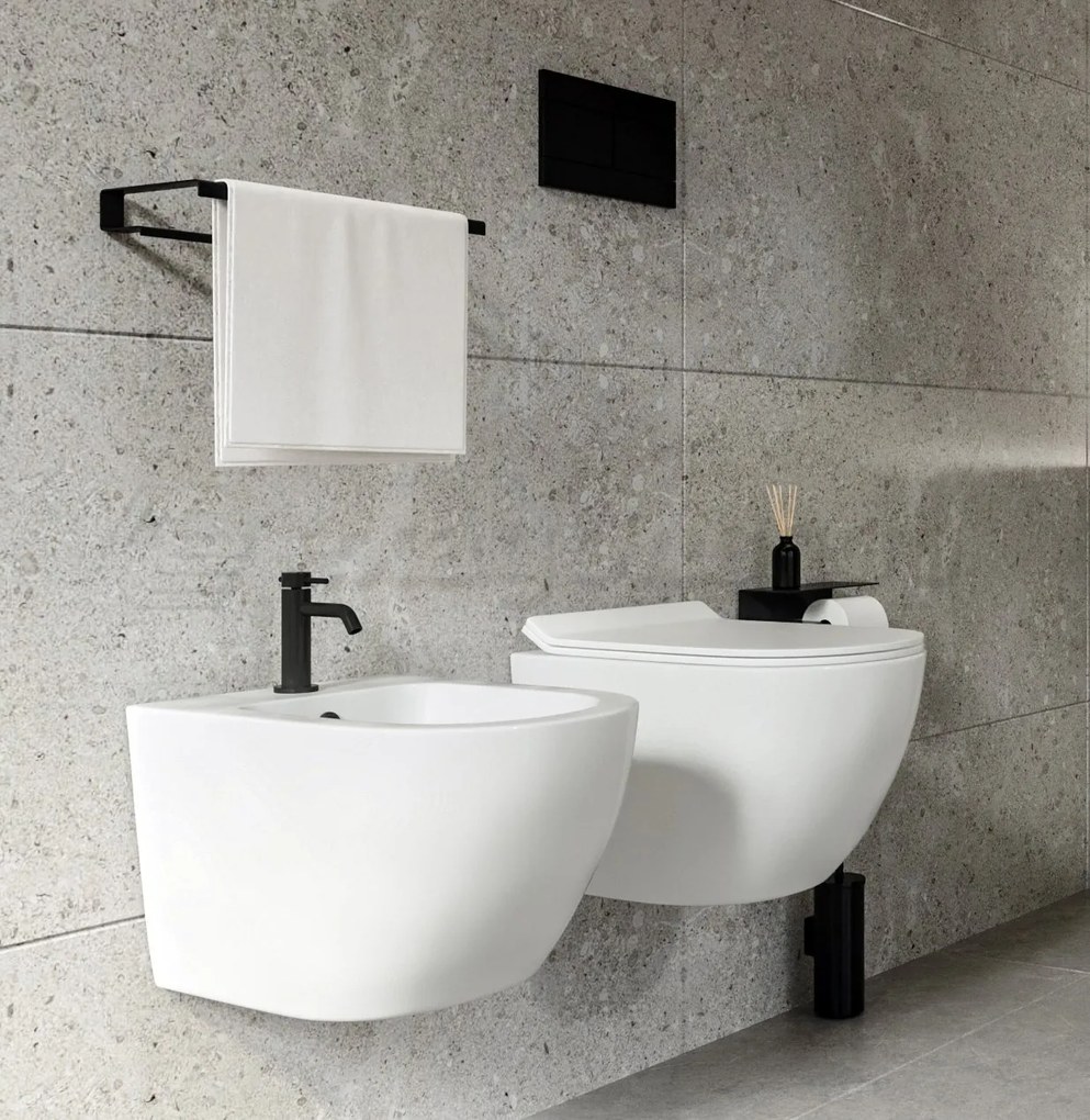 Linea Zeta small coppia sanitari sospesi vaso rimless e bidet ridotti con sedile rallentato bianco lucido