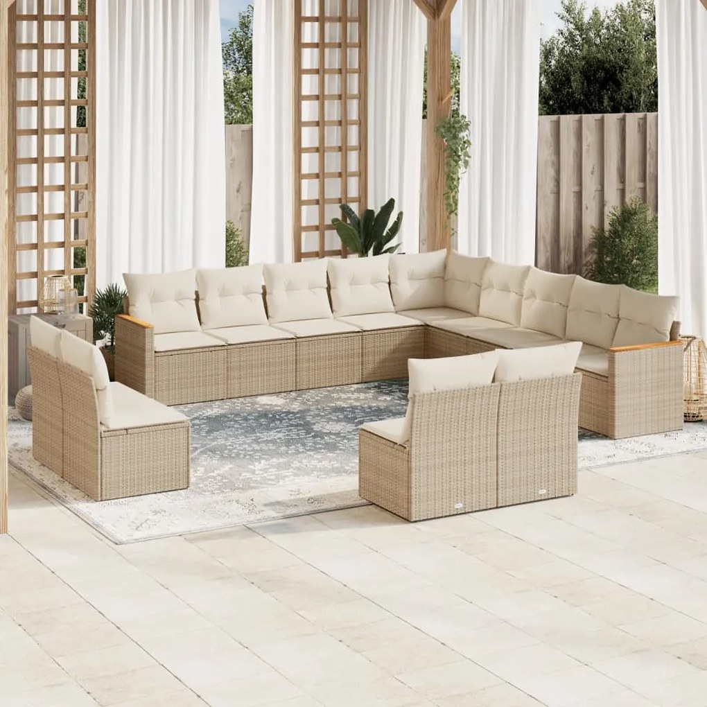 Set divano da giardino 13 pz con cuscini beige in polyrattan