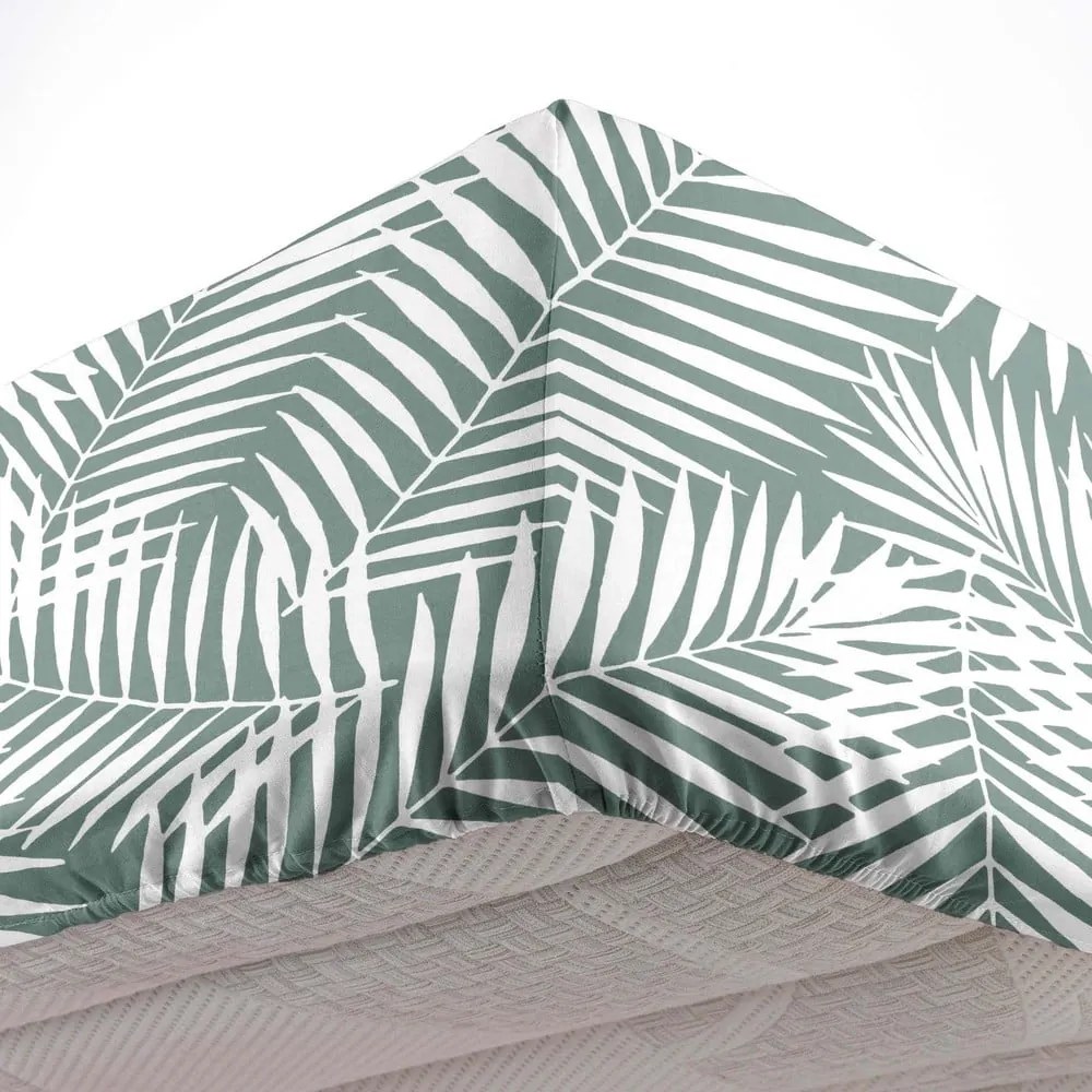 Lenzuolo in cotone elasticizzato bianco-verde 90x190 cm Botania - douceur d'intérieur