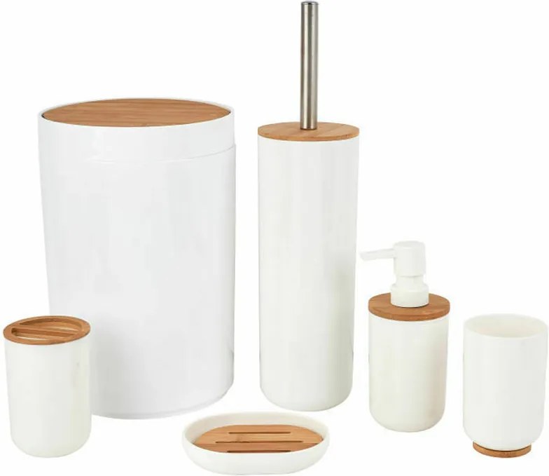 Alpina - Set da Bagno in Legno Bamboo e Plastica Bianco e Naturale 6pz con Portascopino