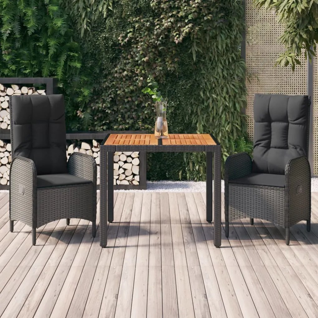 Set da pranzo da giardino 3 pz con cuscini nero in polyrattan