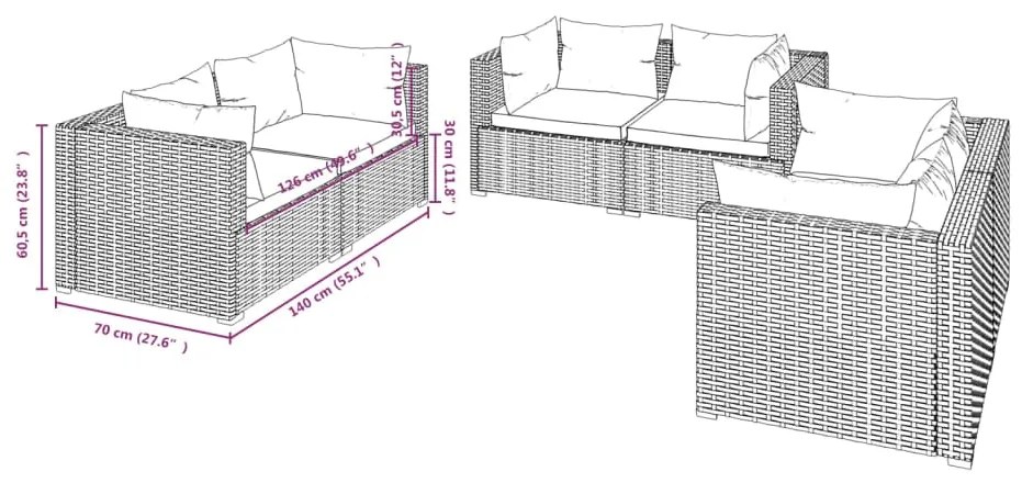 Set divani da giardino 6 pz con cuscini in polyrattan nero