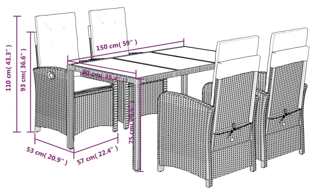 Set da Pranzo da Giardino 5 pz con Cuscini in Polyrattan Grigio