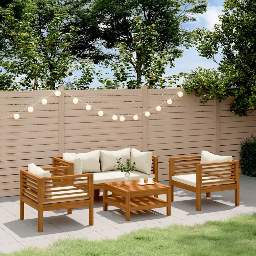 Set divani da giardino 5 pz con cuscini crema in legno acacia