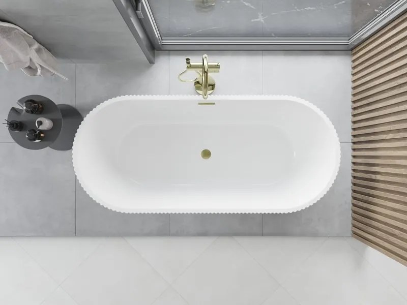 Mexen Yara vasca da bagno autoportante scanalata 170 x 75 cm, bianca, troppo pieno oro spazzolato - 52861707500-55