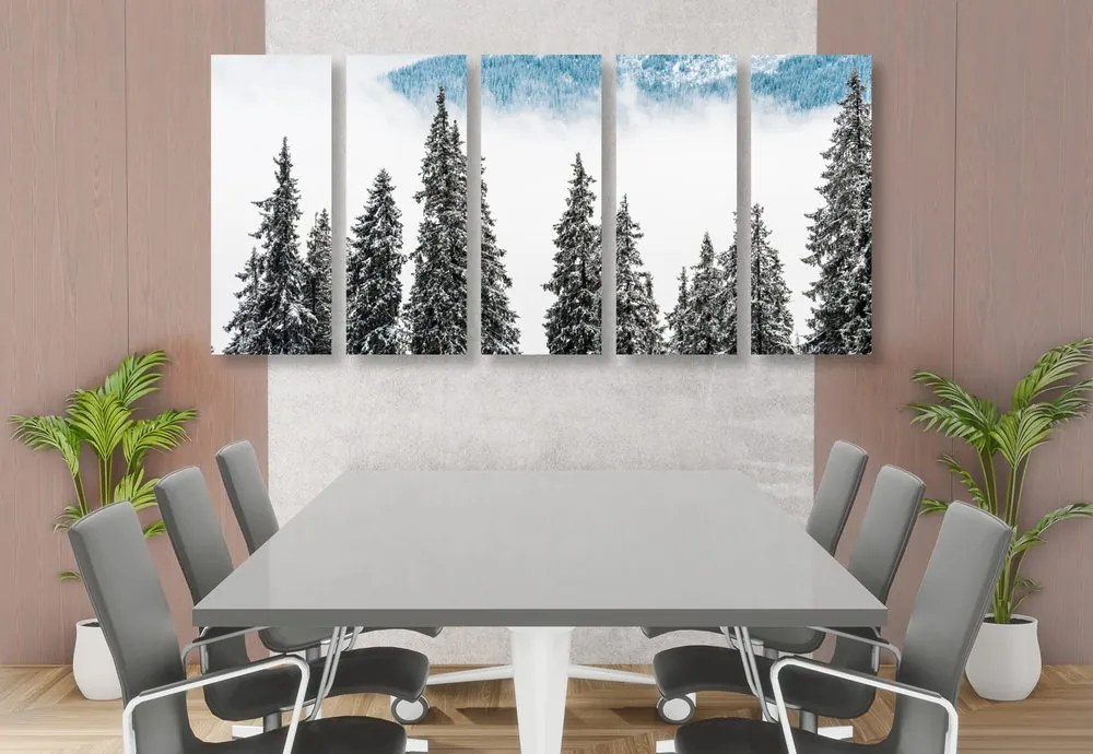 Quadri 5 pezzi – Alberi di pino innevati