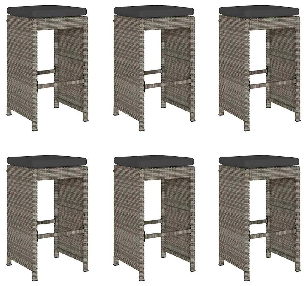 Sgabelli bar da giardino con cuscini 6 pz grigi in polyrattan