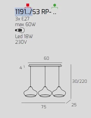 Sospensione cromo 3 luci rettangolare vetri (2 x piccolo am + 1 x p...