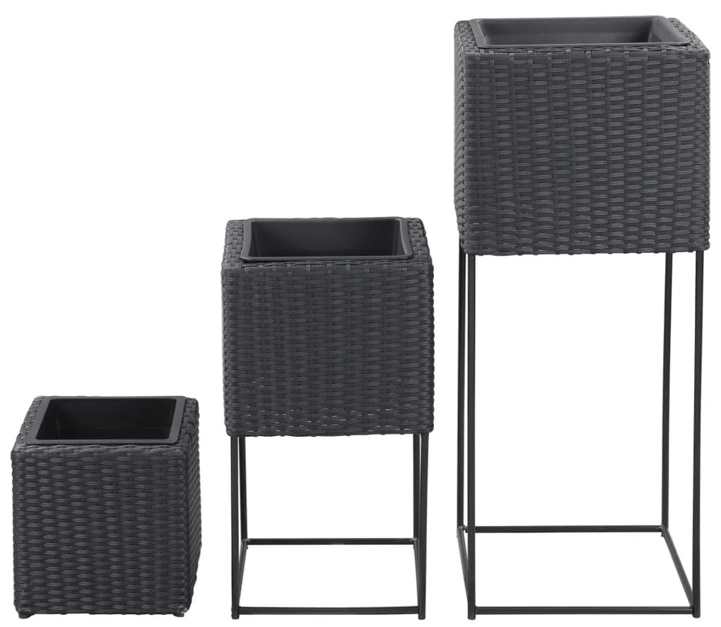 Letti Rialzati da Giardino 3 pz in Polyrattan Nero