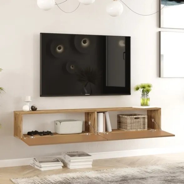 Mobile Tv Sospeso 180x32x30 Effetto Legno Rovere E Rosso Mattone Frame