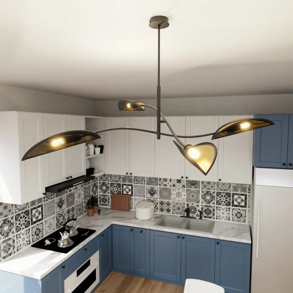 Lampadario a Sospensione in Acciaio e Tessuto LOTUS 4 Nero 4xE14