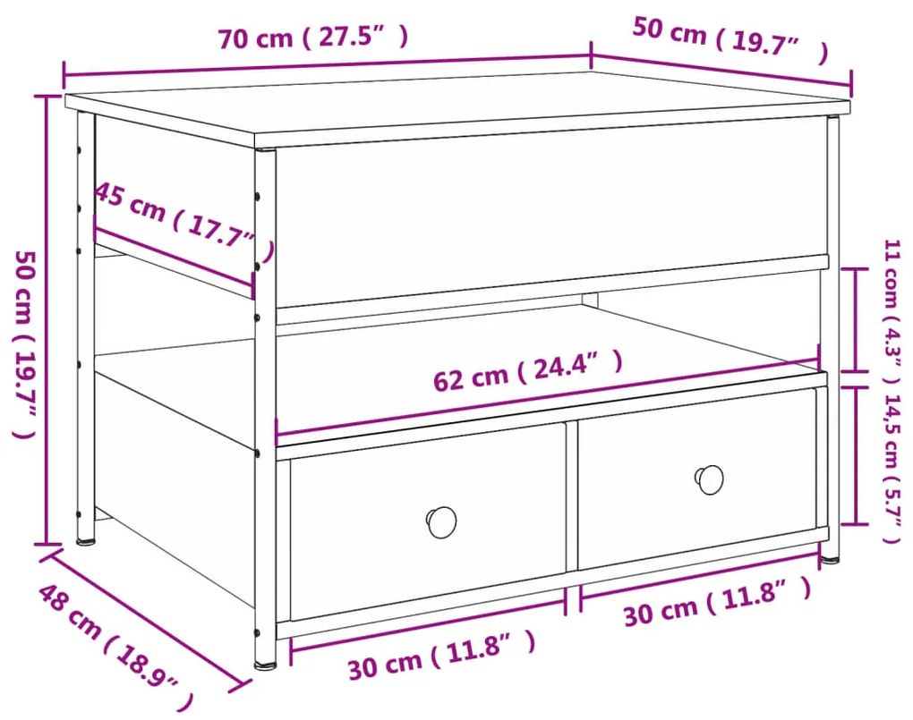 Tavolino da Salotto Nero 70x50x50cm Legno Multistrato Metallo