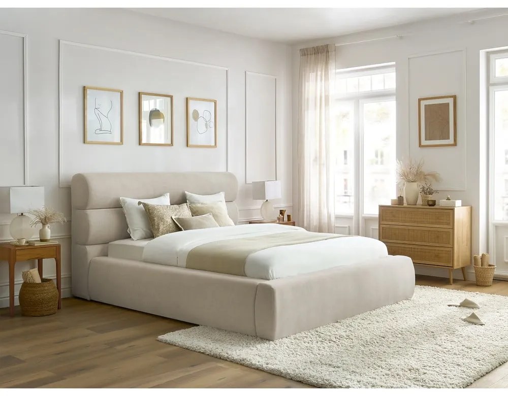 Letto matrimoniale imbottito beige con contenitore con griglia 180x200 cm Jagna - Bobochic Paris