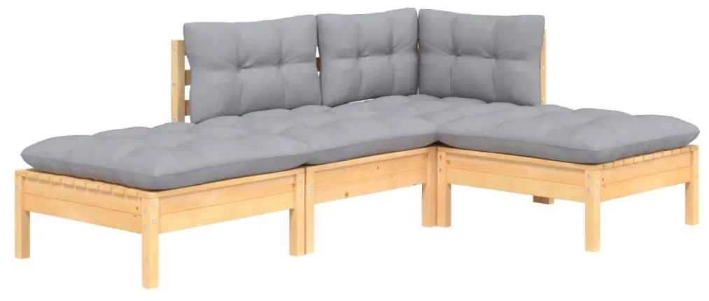 Set divani da giardino 4 pz con cuscini grigi massello di pino