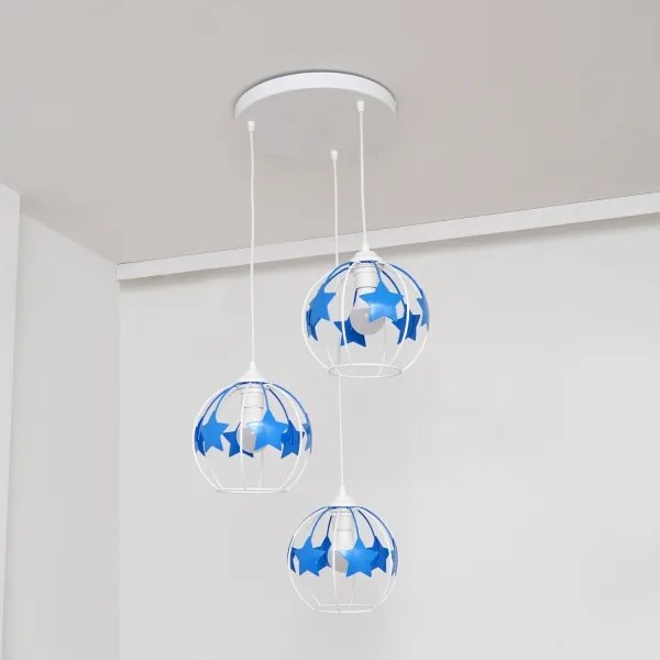 Lampadario a sospensione per bambini STARS 3xE27/15W/230V blu/bianco