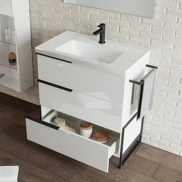 Mobile bagno sospeso 82 cm Bianco Lucido con lavabo e specchio LED - FEBE1