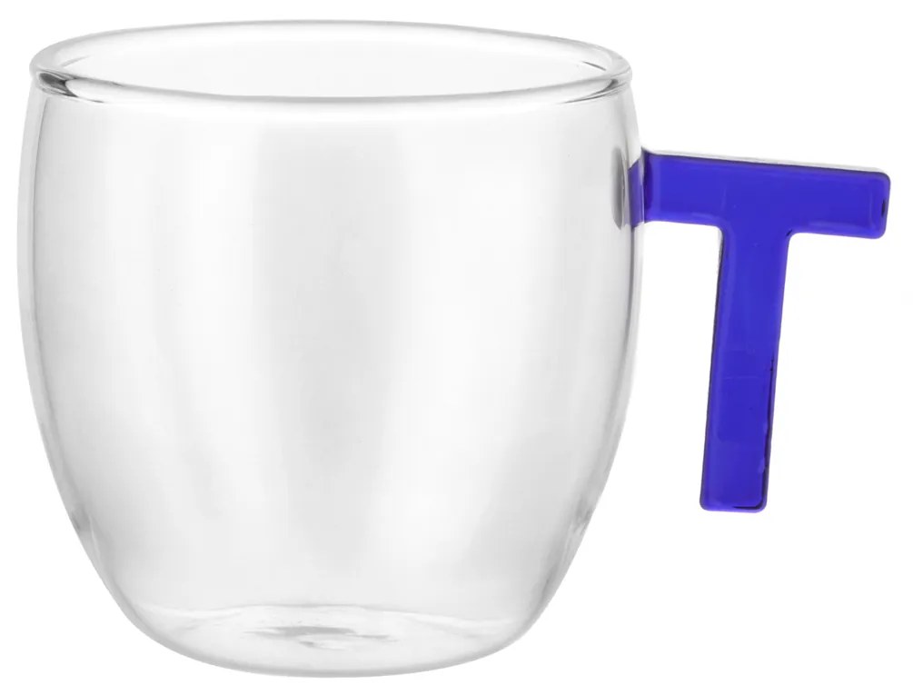 Tazzina caffè lettera T blu in vetro borosilicato, 150 ml