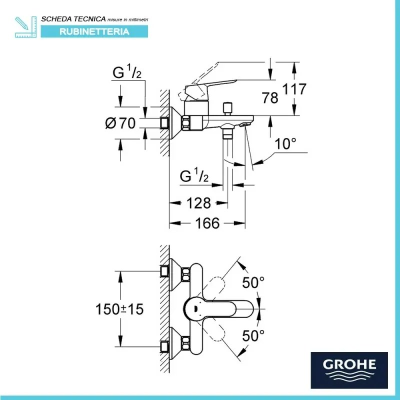 Miscelatore vasca e doccia GROHE BauEdge in ottone cromato