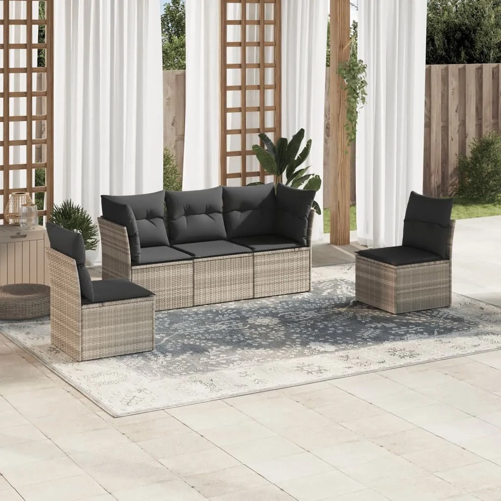 Set divano da giardino 5pz con cuscini grigio chiaro polyrattan