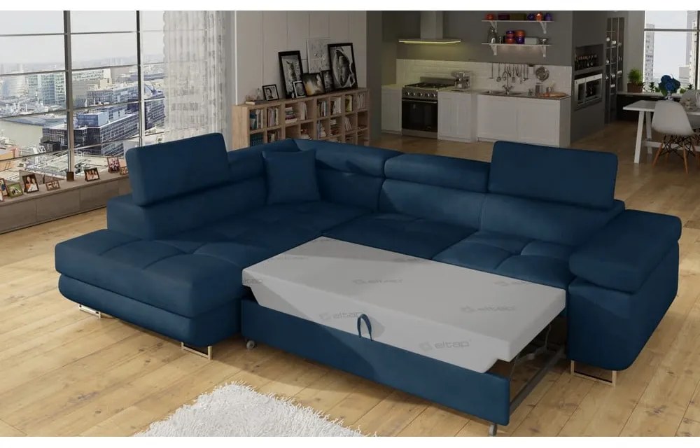 Divano angolare blu allungabile/con contenitore (con penisola a sinistra/a L) e rivestimento in velluto Anton – ELTAP