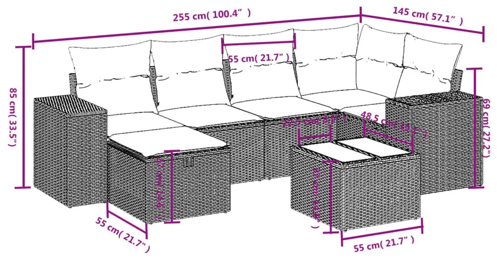 Set divani da giardino 7 pz con cuscini beige in polyrattan