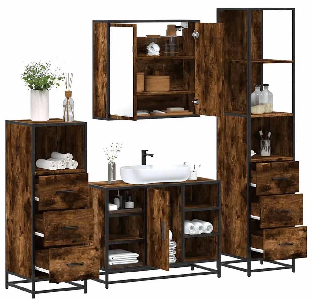 Set Mobili Da Bagno 4 Pz Rovere Fumo İn Legno Multistrato /